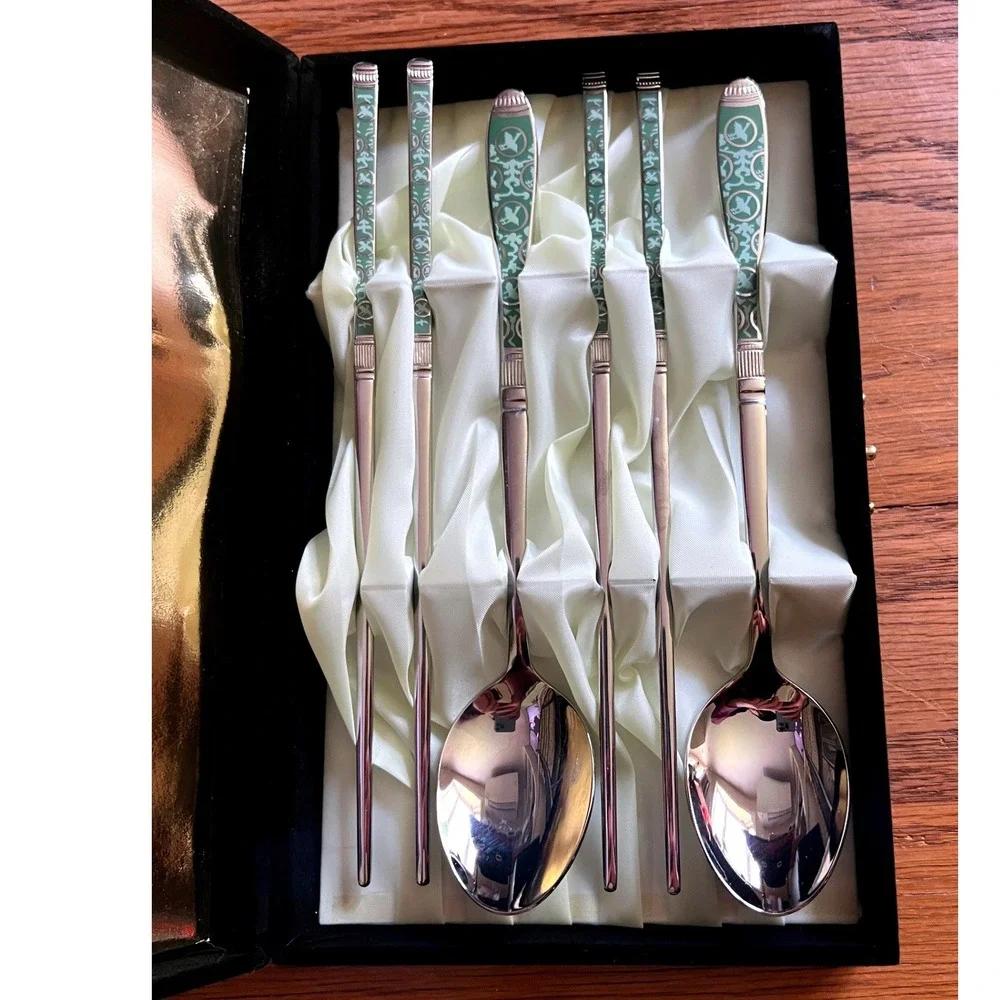 Korean‎ Celadon Crane Stainless Steel Chopsticks Spoon Gift Set Presentation Box